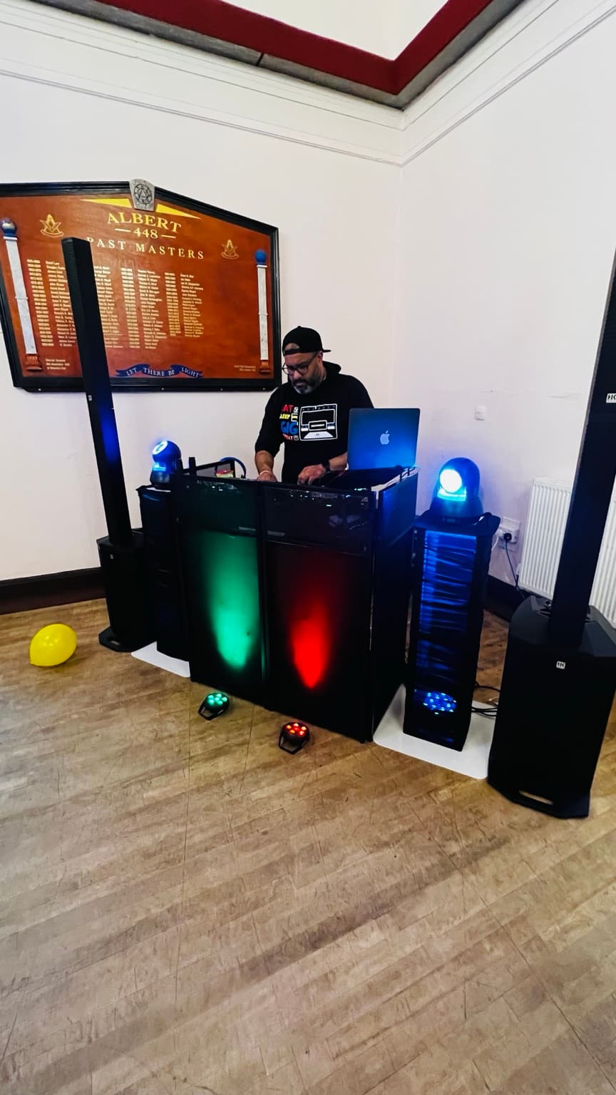 Premium white DJ booth and lighting setup